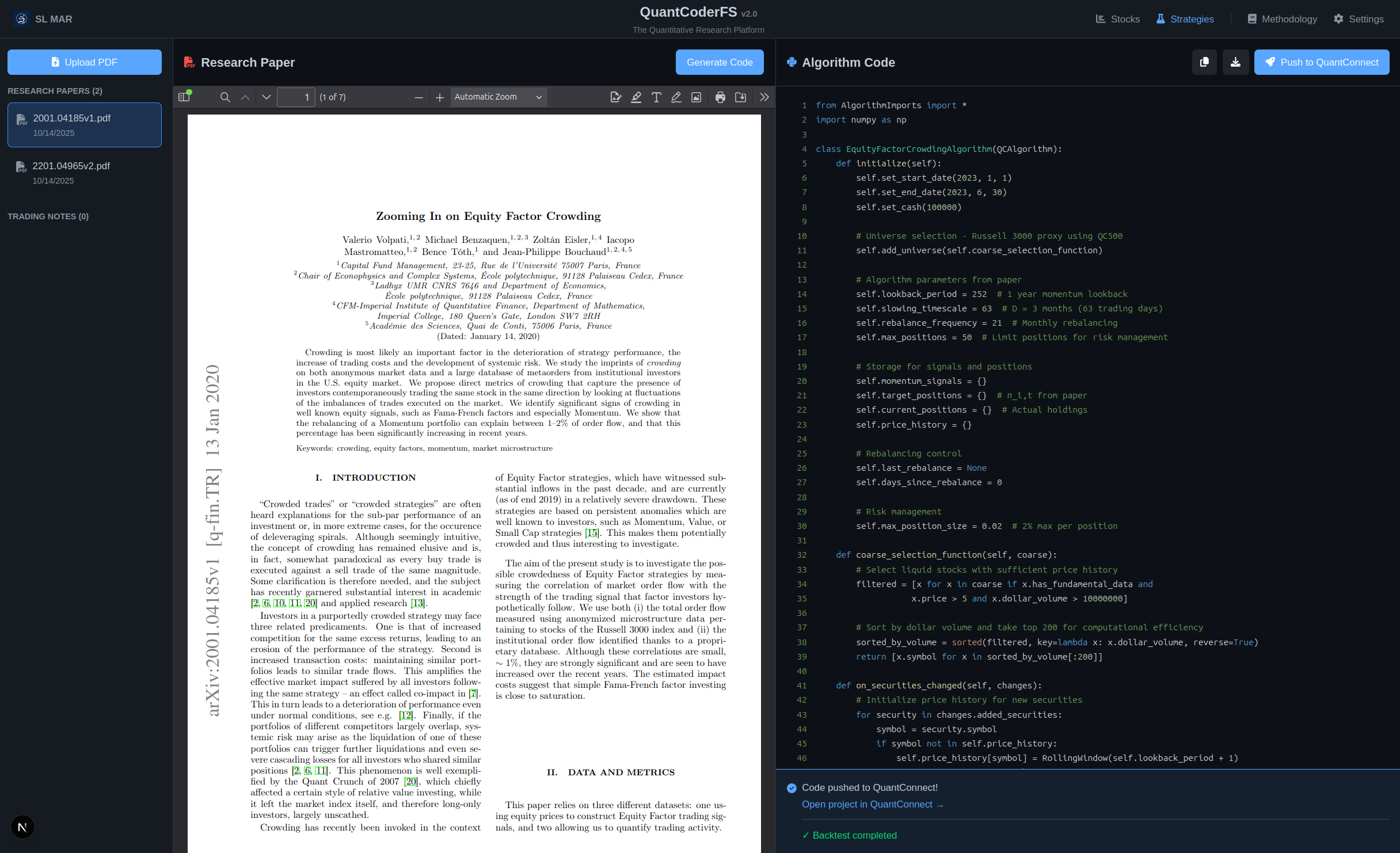 QuantCoderFS Strategy Generator - Algorithm Code Generation